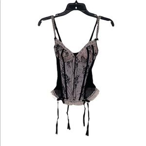 Dreamgirl black pink lace mesh boned corset with garter size Small EUC